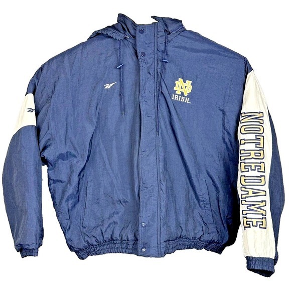 Vtg 90s Reebok Notre Dame Football Jacket XXL Zip Snap Navy Gold White Pockets‎ - Picture 1 of 9